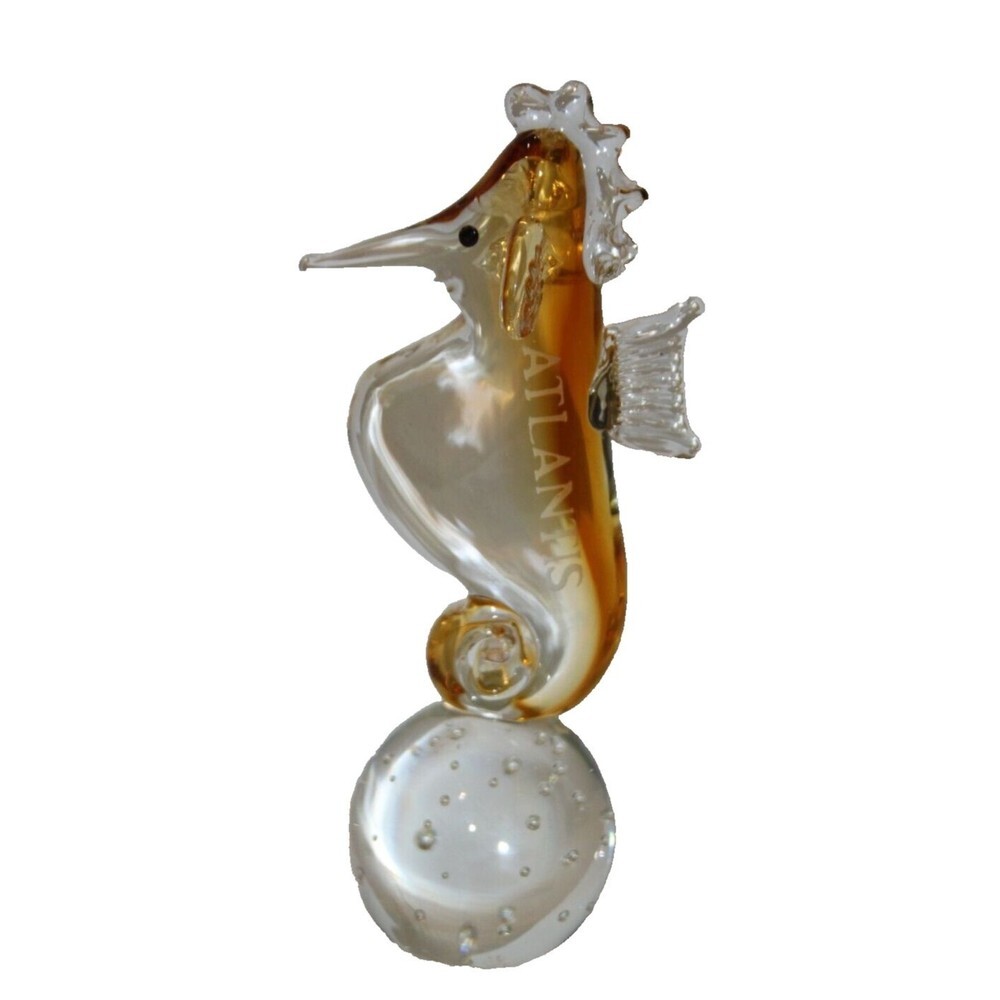 Atlantis Seahorse Art Glass Figure Yellow Clear Swirl Nautical Decor Round Base